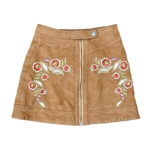 Free People Alanis Moto Brown Faux Leather Embroidered Front Zipper Mini Skirt 2